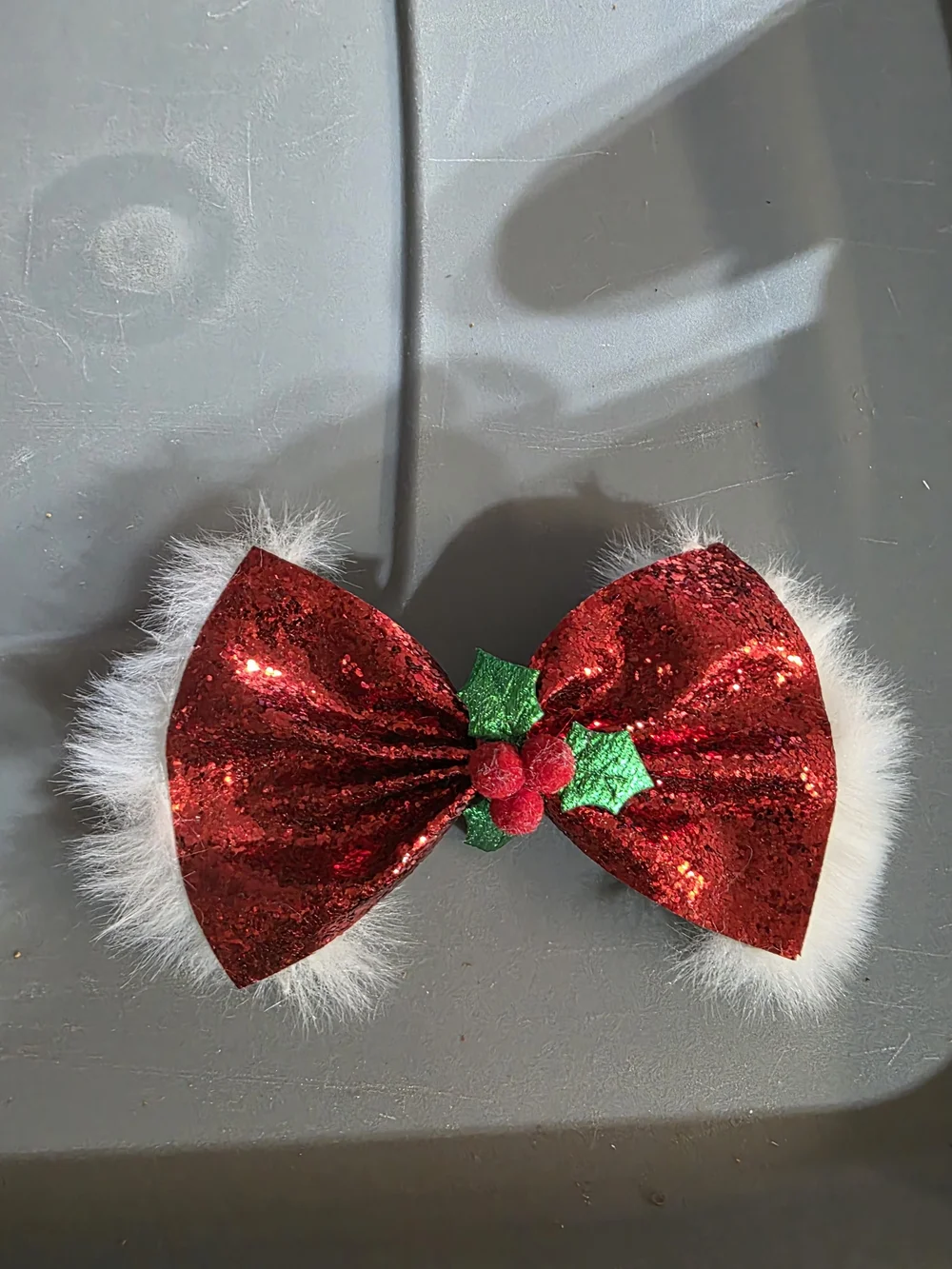 Holiday Red Glitter Bow Hair Clip with White Faux Fur